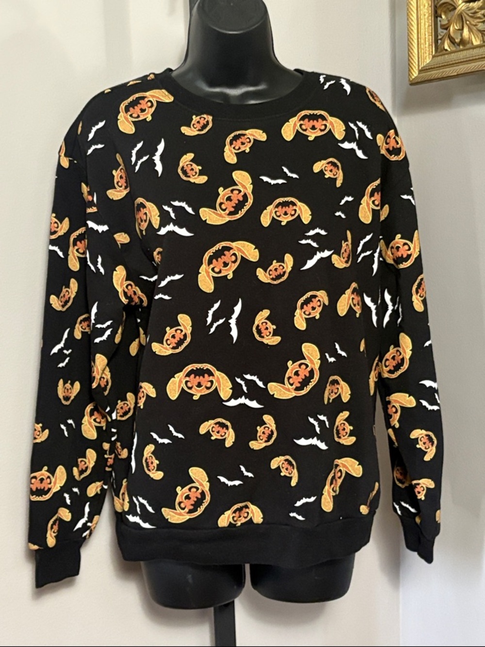 Disney Black Crewneck Sweater with Orange Pumpkin and White Bat Motifs